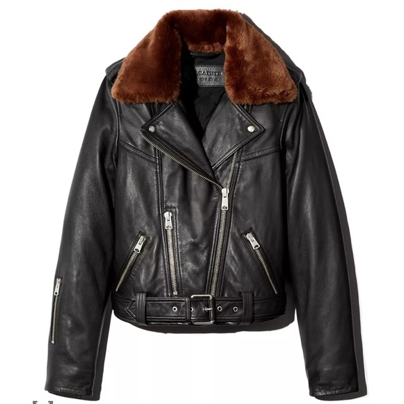 ALLSAINTS Rigby Lux Faux-Fur Trim Leather Biker Jacket - Picture 4 of 4